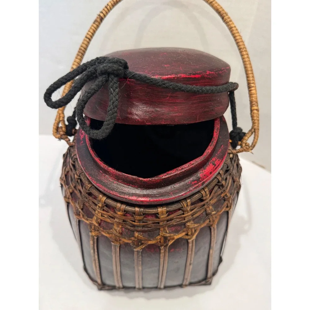 Thai Rice Basket Decorative Woven Bamboo Wood Red Black Bohemian Handcrafted